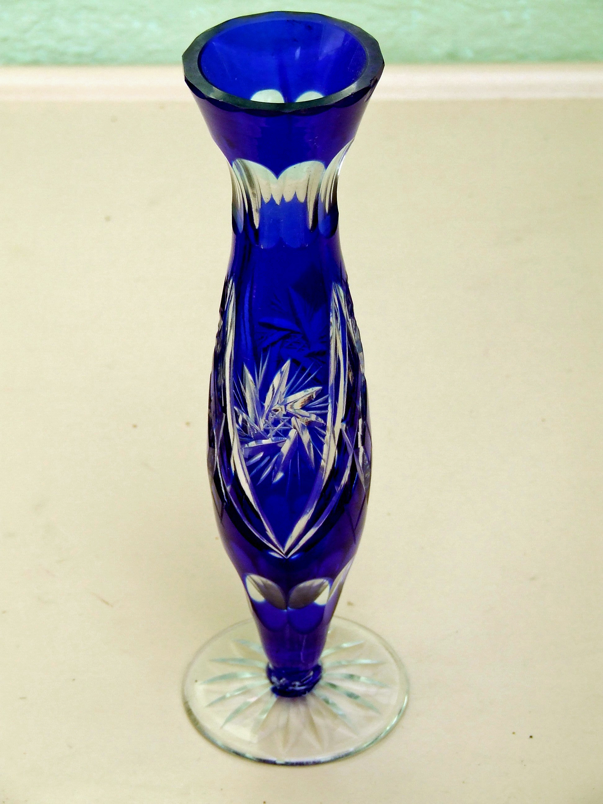 Cobalt blue hand cut bud vase. Bill Bagley Glass