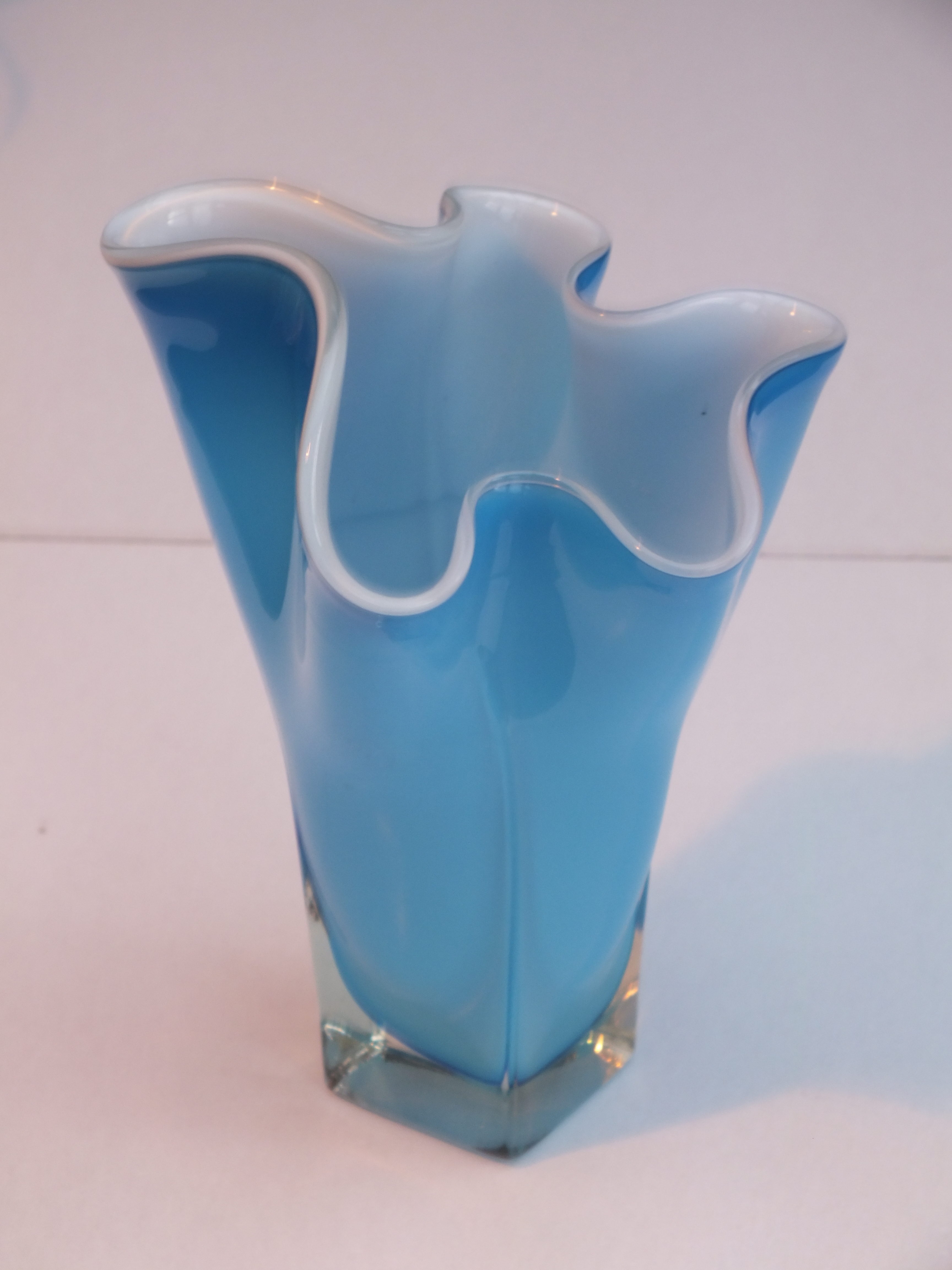 Turquoise blue and white handkerchief vase. Bill Bagley Glass