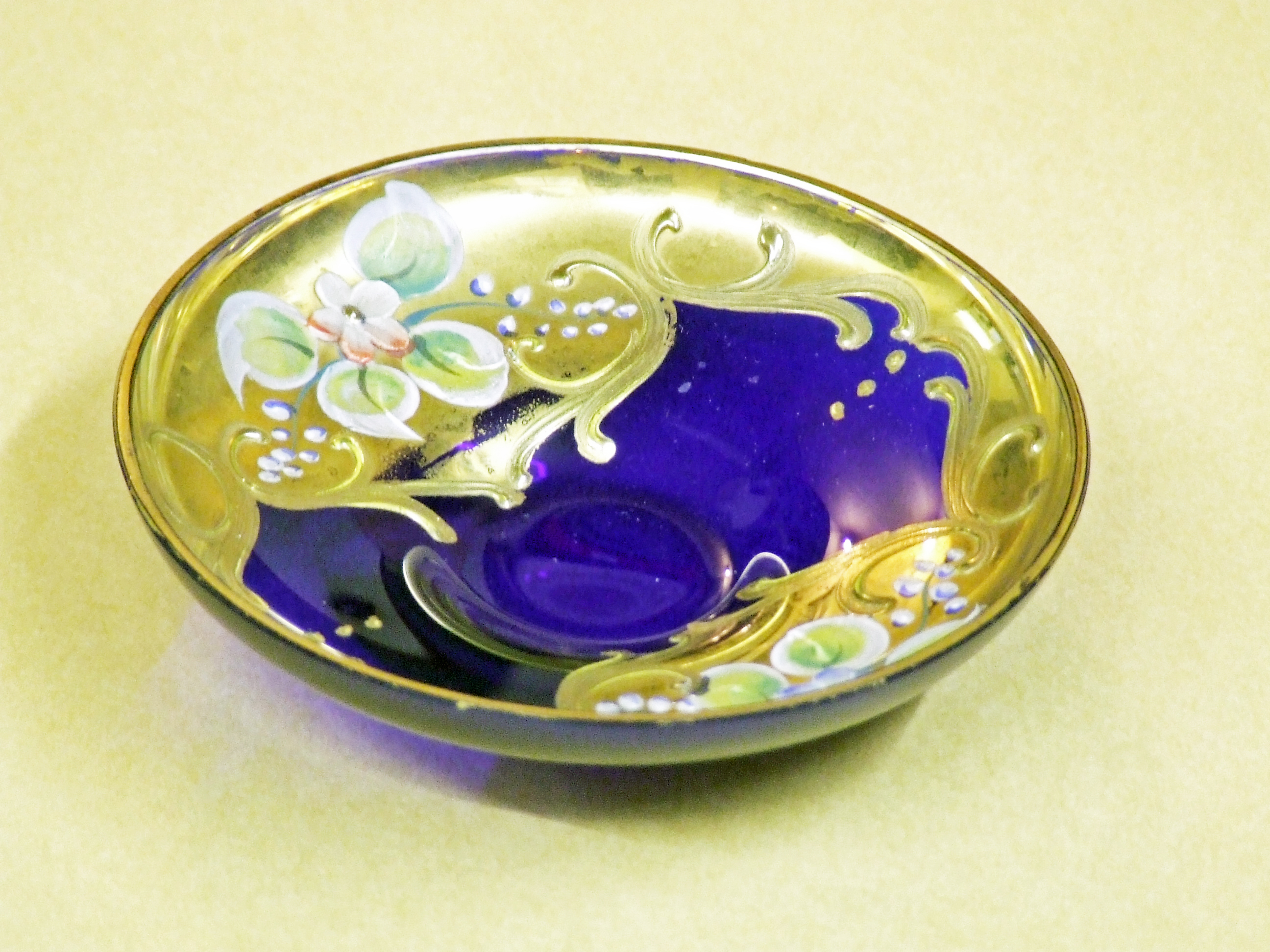 Gold painted Cobalt blue dish. Bill Bagley Glass