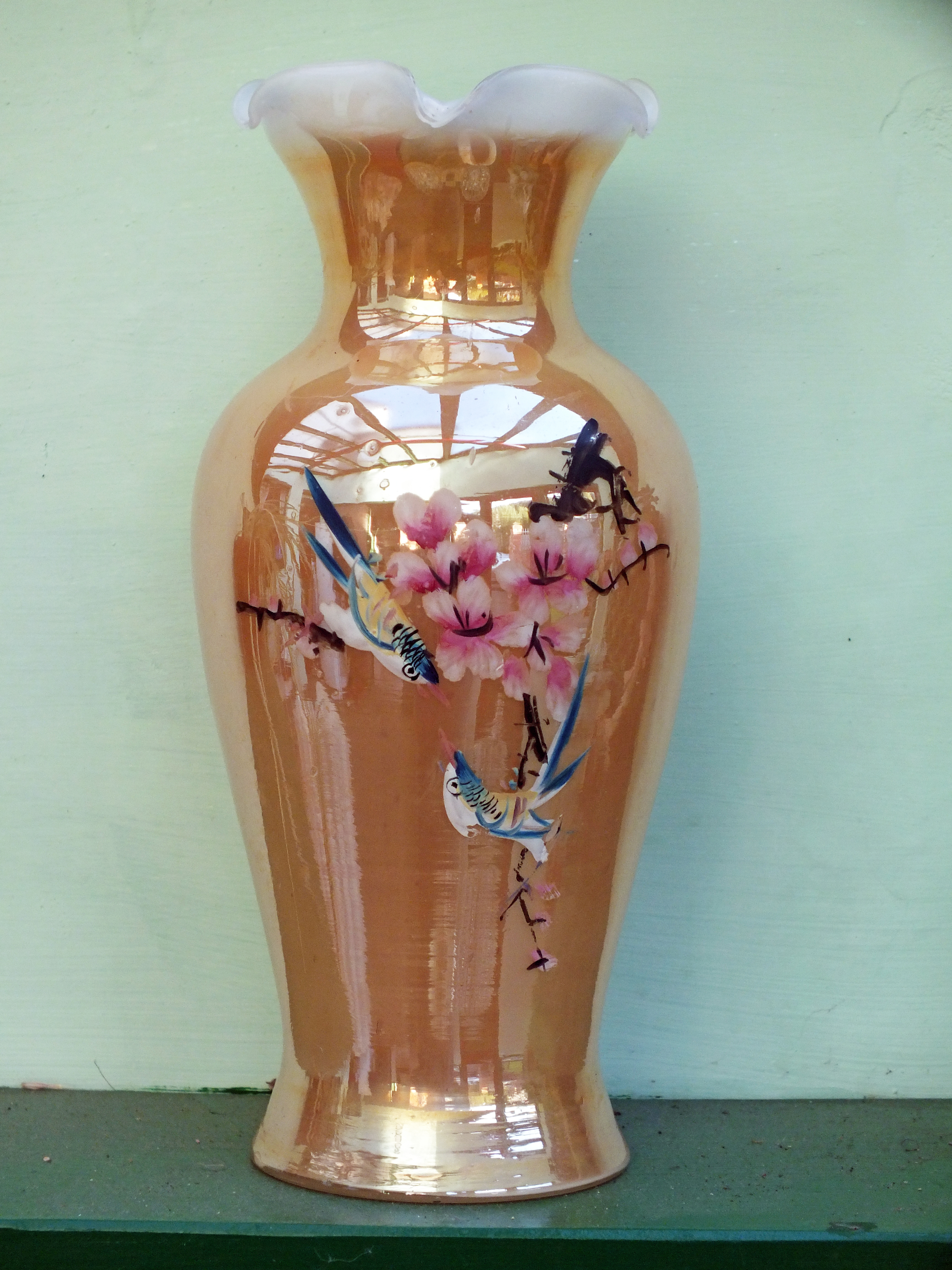 Cased glass hand painted vase. Bill Bagley Glass